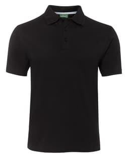 A black polo shirt featuring a collar, three buttons, and a logo on the label.