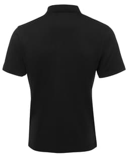 A black polo shirt featuring a classic collar and short sleeves, seen from the back. It has a logo.