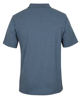 A blue polo shirt featuring a collar and short sleeves, with a logo on the back.