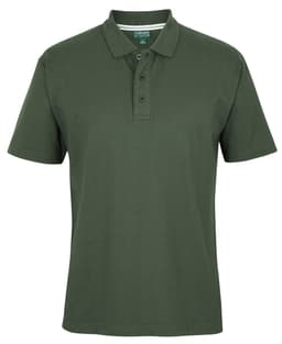 A green polo shirt featuring a collar and button placket, with a logo on the front.