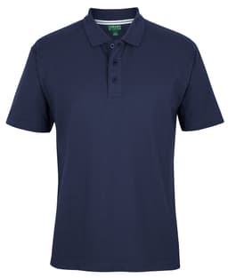 A navy blue polo shirt with a collar and three buttons, featuring a branding logo.