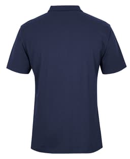A navy polo shirt with a classic design featuring a collar and short sleeves. It has a logo on the front.