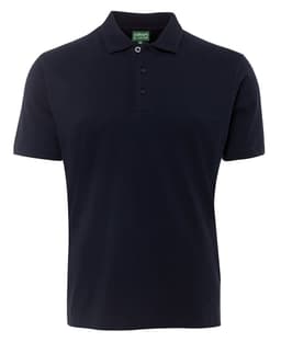 A black polo shirt with a collar and three buttons, featuring a logo on the tag.