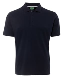 A navy blue polo shirt with a collar, featuring three buttons and a branding label.