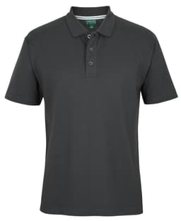 A dark grey polo shirt with a collar and three buttons, featuring a logo on the chest area.