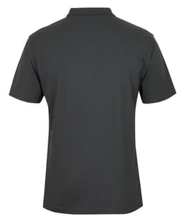 A dark grey polo shirt with a classic collar and short sleeves, featuring a logo on one side.