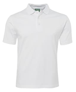 A white polo shirt with a collar and a branded tag. Features short sleeves and a button placket.