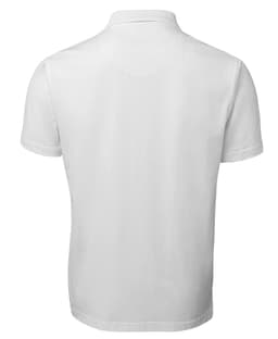 A plain white polo shirt featuring a collar and short sleeves, complete with a logo on the chest.