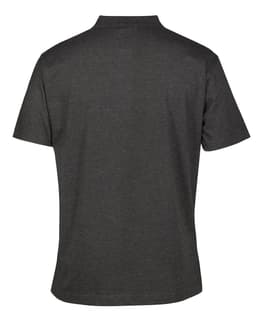 A dark grey polo shirt with a classic collar and short sleeves, featuring a logo on the back.
