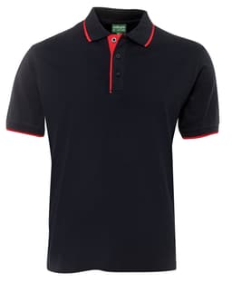 A navy polo shirt with red trim and a branded label, featuring a classic collar and three buttons.