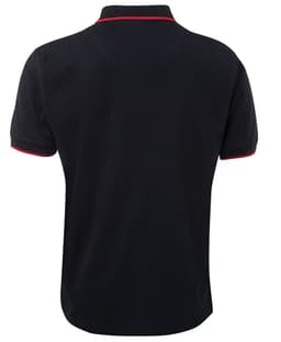 A navy polo shirt with a red trim and a logo on the front. The shirt features a classic collar and short sleeves.