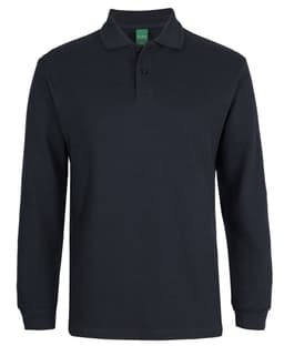 A dark navy long-sleeve polo shirt with a collar and a logo on the chest.
