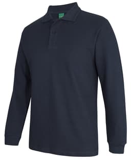A long-sleeved navy blue polo shirt with a collar and a logo on the chest.