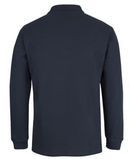 A dark navy long-sleeve polo shirt with a classic collar, featuring a subtle logo.