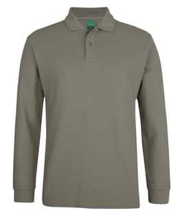 A long-sleeve, olive-green cotton polo shirt with a collar and a logo.