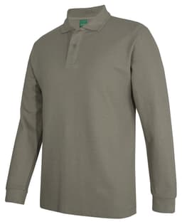 A long-sleeved polo shirt in olive green with a collar and a logo on the chest.