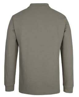 A long-sleeve olive green polo shirt with a collar and a logo on the back.