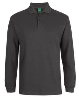 A dark green long-sleeve polo shirt with a collar, featuring a branded logo on the exterior.