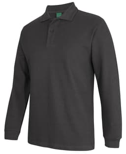 A long-sleeve polo shirt in dark green, featuring a classic collar and three-button placket. The shirt has a logo.