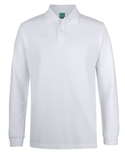 A long-sleeve polo shirt in white with a collar and a branding logo on the chest.