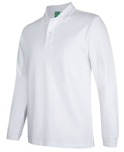 A white long-sleeve polo shirt with a collar, featuring a logo on the chest.