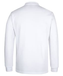 A white long-sleeve polo shirt with a collar, featuring a logo on the back.