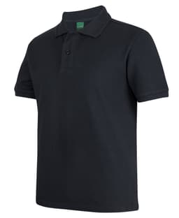 A black polo shirt featuring a classic collar, short sleeves, and a branding logo at the neck.