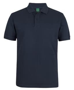 A navy polo shirt with a collar and a branded label. Suitable for casual or semi-formal wear.
