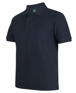 A dark navy polo shirt with a collar and short sleeves, featuring a logo on the label.