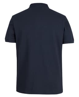 A navy polo shirt with a classic fit, featuring a collar and short sleeves, with a branding logo on the back.