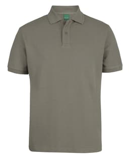 A short-sleeved polo shirt in olive green, featuring a three-button placket and a logo on the collar.