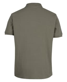 A green cotton polo shirt with a classic short-sleeve design and a collar, featuring a logo.