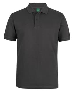 A dark grey polo shirt featuring a collar and buttons, with a logo on the upper side.