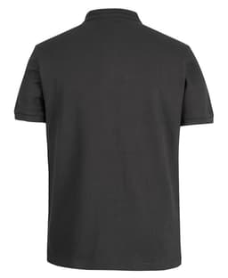 A black polo shirt with a classic collar and short sleeves, featuring a logo on the upper back.