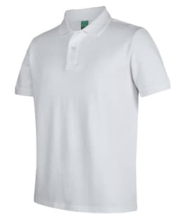 A white polo shirt with a classic collar and short sleeves, featuring a logo on the upper area.