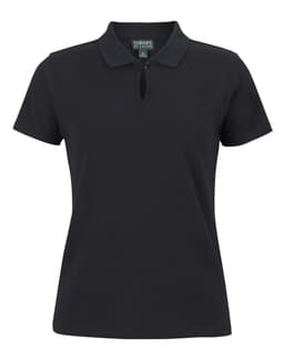 A black ladies' short-sleeve cotton stretch polo shirt featuring a collar and a logo.