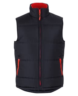 A black puffer vest with a red interior and zippers, featuring a high collar and side pockets.