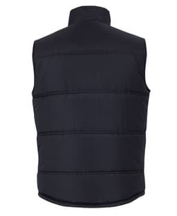 A black puffer vest featuring a high collar and a quilted design, with a logo displayed.