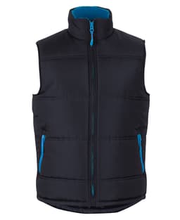 A black puffer vest with a blue lining and contrasting blue zipper details. It features a high collar and pockets.
