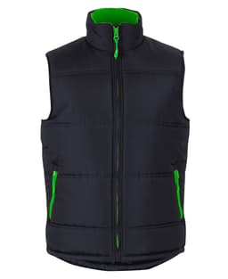 A black puffer vest with green accents and zippered pockets, featuring a high collar and a front zip closure.