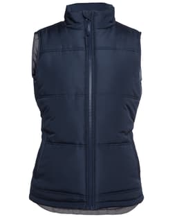 A navy blue puffer vest with a high collar and zip front, featuring two front pockets and a logo.