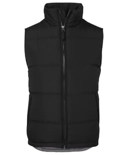 A black puffer vest with a high collar and zip closure, featuring padded sections and an internal lining.