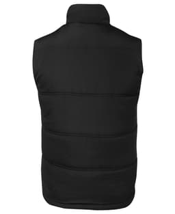 A black puffer vest with a high collar, featuring a logo, shown from the back.