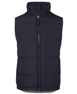 A dark navy puffer vest with a high collar and front zip. It features stitched panel detailing and a branding logo.