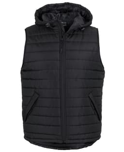 A black hooded puffer vest with a zip front and side pockets, featuring a logo.