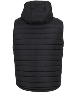 A black hooded puffer vest with a quilted design and a hood, featuring a logo on the back.