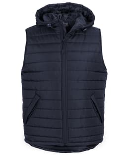 A navy hooded puffer vest featuring a zip front and side pockets, with a logo on the chest.