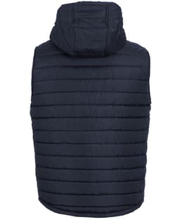 A dark navy hooded puffer vest featuring a quilted design and a hood at the back. It has a logo.