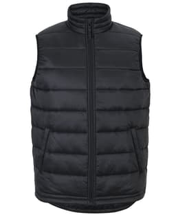 A black puffer vest with a high collar and zip front, featuring side pockets and a branded logo.