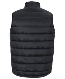 A black puffer vest with a padded design, featuring a high collar and no sleeves. It has a logo on the back.